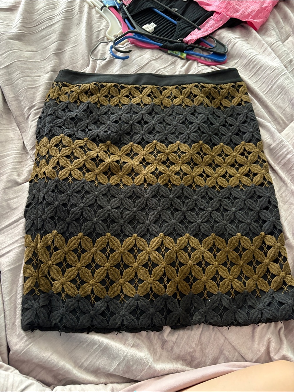 LOFT Black and Olive Crochet-Stripe Pencil Skirt
